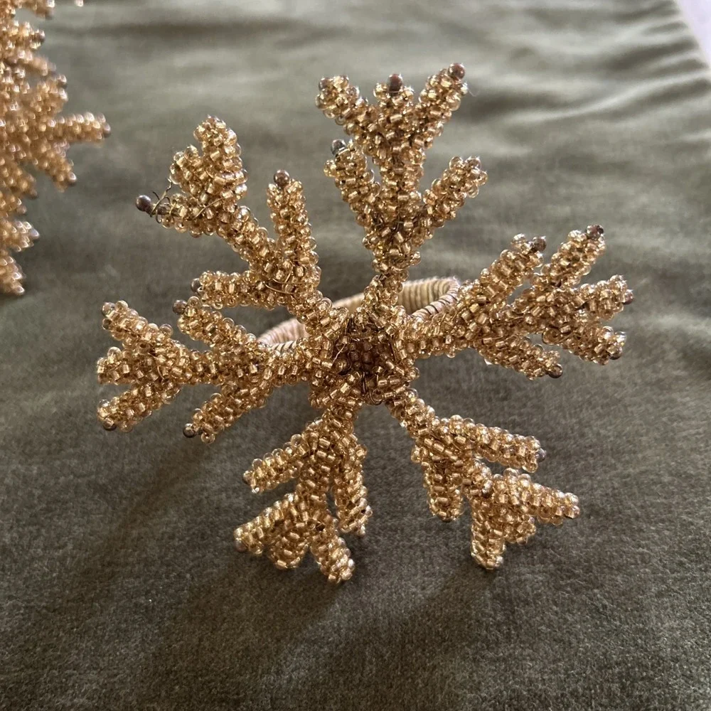 PIER 1? Jeweled & Beaded Napkin Rings Amber Gold Snowflake Clusters - Set Of 6